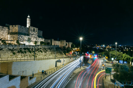 Night view of the Tower of David and Old City walls in Jerusalem