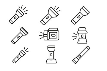 Obraz premium Flashlight line icon set. Torch, lantern, headlamp pictogram collection. Editable stroke. Light beam, camping equipment, emergency tool, electricity symbol vector illustration.
