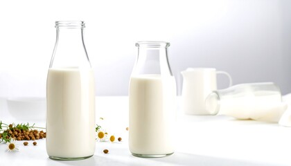 Two glass milk bottles on a white surface