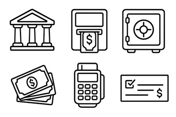 Finance icons set. Bank, atm, safe, cash, card reader, check in outline style. Vector money and banking symbols. Payment and transaction pictogram collection for web.