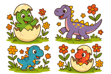 Fototapeta premium Set of cute cartoon baby dinosaurs. Funny colorful dino characters hatching from an egg or walking among flowers and grass. Cheerful prehistoric animal illustration for kids.