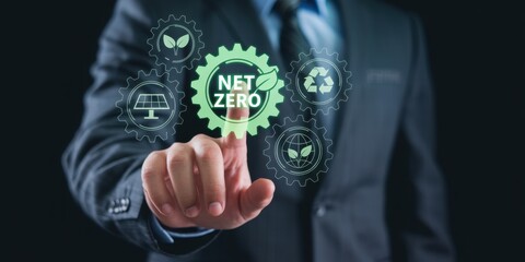 Eco-conscious future: A sharp-dressed figure uses cutting-edge technology to showcase a visionary net zero future, encapsulating the commitment to sustainability, renewable energy.