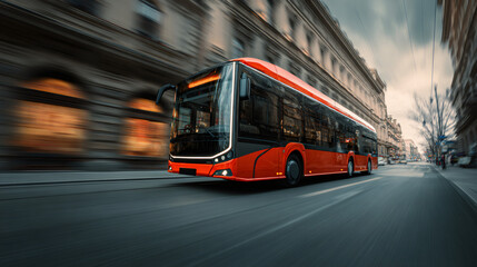 Red bus driving through city street. Modern public transport vehicle in motion. Urban commuters travel.