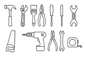 Obraz premium Hand tools icon set in minimalist outline style. Vector collection for DIY, repair, construction, and carpentry. Contains hammer, wrench, screwdriver, pliers, drill, and saw.
