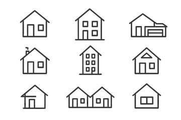 House line icon collection. Home and building symbols. Minimalist linear pictograms for real estate. Simple residence and apartment vector icons set with editable stroke.