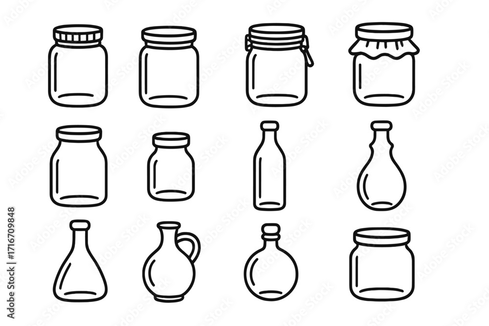 Poster glassware line icon pack. jar and bottle outline set. simple container collection for design. vector
