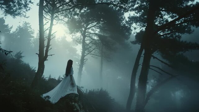 A woman stands alone in a forest, wearing a white dress