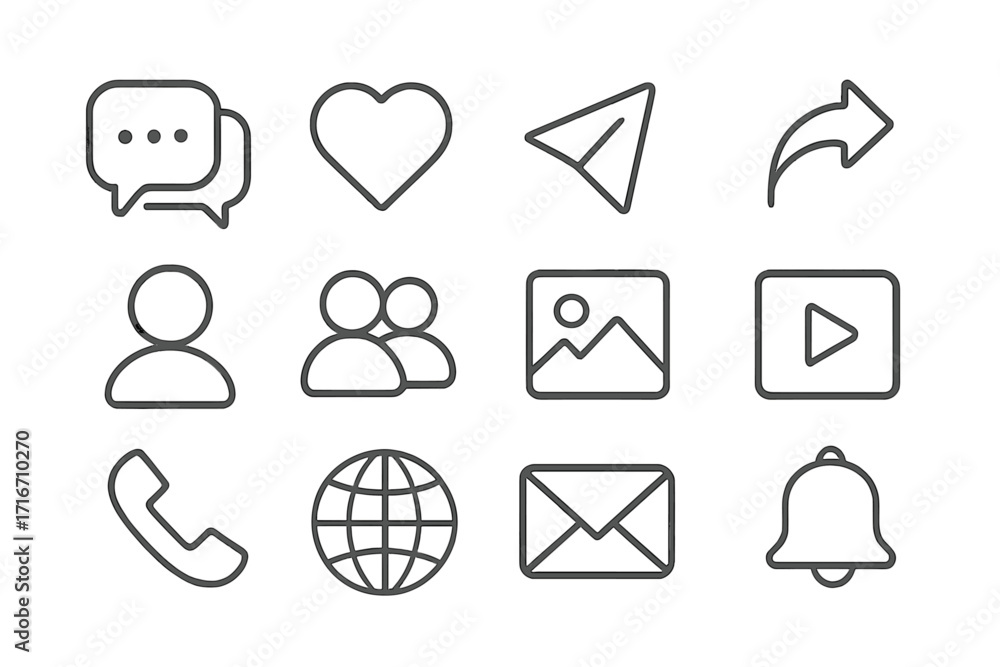 Poster minimalist communication and social media icons set. simple thin line vector symbols for ui ux. incl