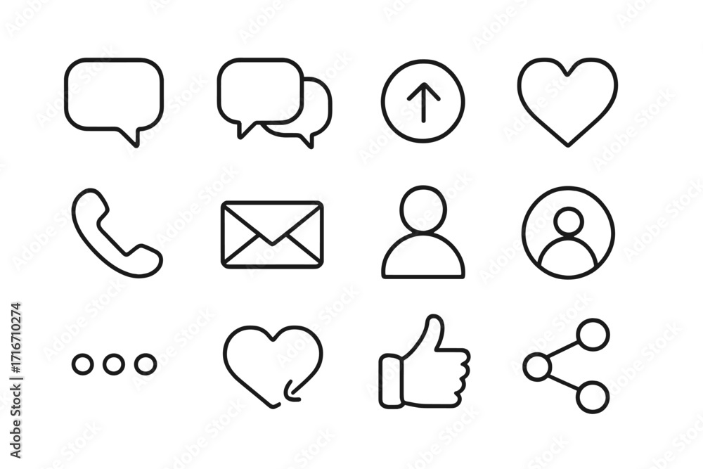 Poster social media ui icons. communication line icon set. vector interface elements for app. metaphor for 