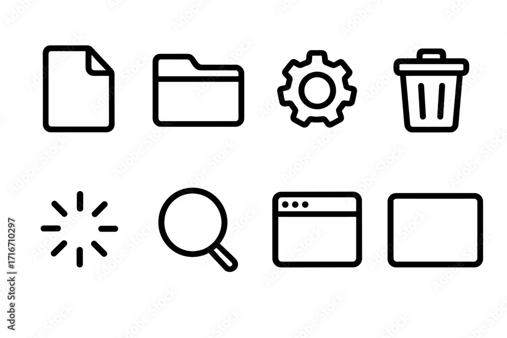 Poster user interface icon set. minimalist black line icons for web and app design. includes file, folder, 