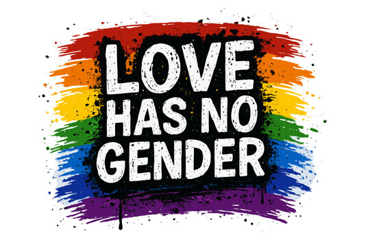 Love has no gender LGBT quote in grunge graffiti style. Vector typography on abstract rainbow flag background. Urban street art for print, gay pride, social equality concept.