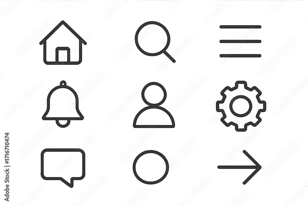 Poster minimalist interface line icon set. home, search, menu, notification, user, settings, message, arrow