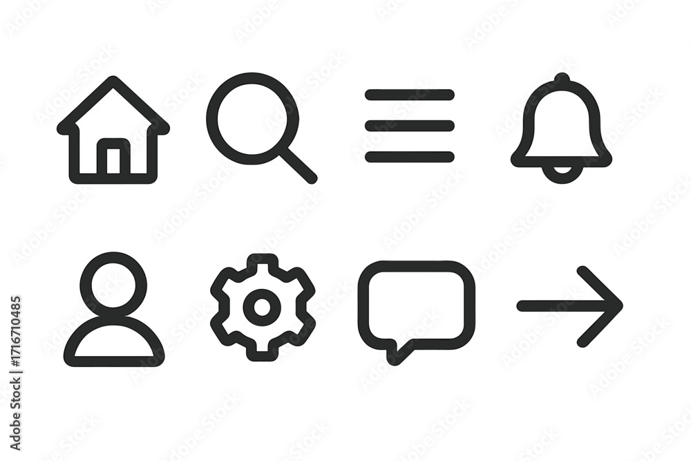 Poster minimalist interface icons set. ui ux web design elements. home, search, menu, notification, user, s