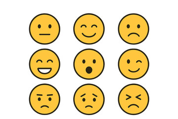 Fototapeta premium Minimalist emoji faces set with unique expressions. Simple line art emoticons. Vector cartoon illustration pack. Character head collection with happy, sad, and angry emotions.