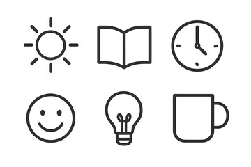 Minimalist line icon set for daily routine. Sun, book, clock, smiley, lightbulb, mug symbols. Good morning, work, study, coffee break, and creative idea concept vector.