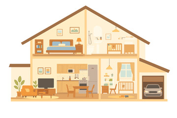 House in cross section. Detailed modern interior. Home cutaway with living room, kitchen, bedroom, nursery and garage. House inside view with furniture. Flat vector illustration.