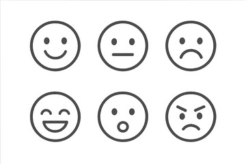 Fototapeta premium Emoji face icon set. Minimalist line art emoticons with range of emotions. Vector cartoon illustration. Happy, sad, angry, neutral, surprised mood symbols. Simple outline.