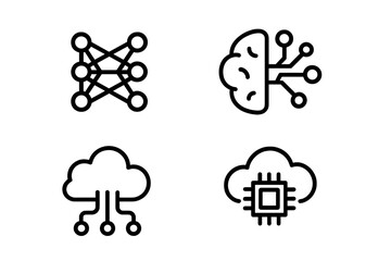 Minimalistic AI and technology icons set featuring neural networks, artificial intelligence brain, cloud computing, data circuits, and microchip integration, modern vector cartoon illustration