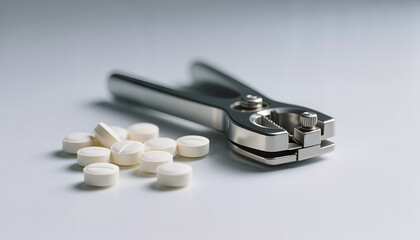 Pill splitter beside white tablets on grey surface  