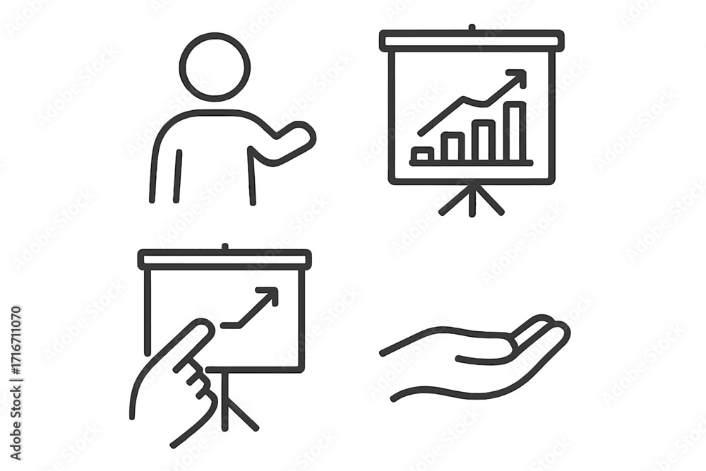 Poster business presentation icon set. speaker with data analysis growth chart symbols. infographic linear 