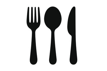 Cutlery icon with fork, spoon, and knife. Black silhouette for food, dining, and restaurant concepts. Simple tableware and utensil symbol for menu design. Vector set.