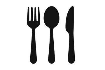 Cutlery vector icon set. Fork, spoon, and knife black silhouette. Tableware graphic for restaurant menu, dinner, lunch, or food concept. Simple flat minimal symbol.