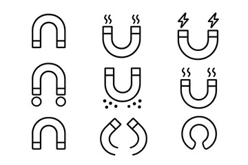 Magnet line icon set. Editable stroke vector pictograms. Horseshoe magnet, magnetic field and attraction force symbols. Physics science icons for UI UX web and app design.