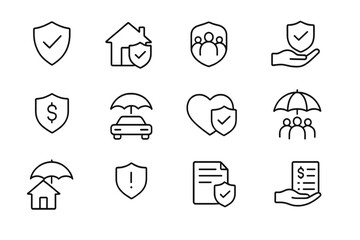 Insurance icon set. Thin line icons for financial security. Vector symbols for personal, property, health, and life insurance. Risk management, legal coverage & protection concepts.