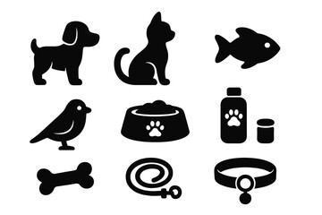 Silhouette pet care icons set with dog, cat, fish, bird, pet food bowl, bone, leash, collar, and medicine bottle for animal lovers, cartoon style vector illustration