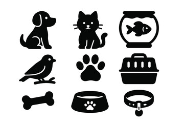 Pet care icons set with dog, cat, fish, bird silhouettes and accessories. Cartoon style vector collection includes pet carrier, bone, food bowl, collar, paw print. Animal lovers essentials.