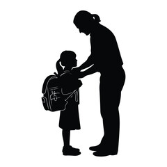 Parent helping child with backpack silhouette school