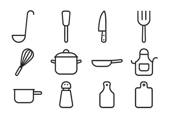 Minimalistic outline kitchen utensil icons set, culinary tools vector illustration with transparent background, ordered collection of cooking essentials, simple line art, cartoon style