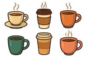 Obraz premium Various coffee cup designs showcasing different styles and colorful hot beverage mugs, takeaway coffee cups, steaming drinks, cozy warm drink collection, vector cartoon illustration
