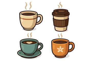 Obraz premium Various coffee cup designs showcasing warm beverage enjoyment, different styles and colors, cartoon vector illustration, hot coffee mugs, to-go cup, latte art, unique drinkware set