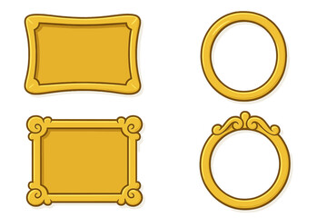 Golden frame set vector illustration. Cartoon decoration frames collection. Empty vintage border design element. Gold classic retro picture frames for mirror or photo.
