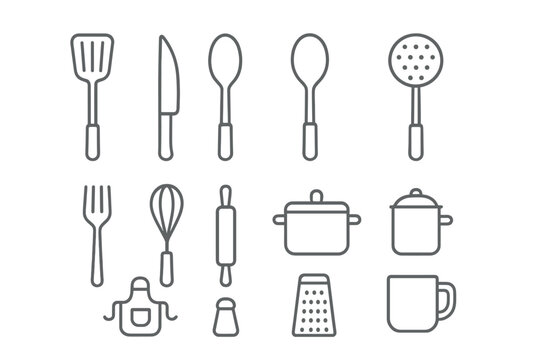 Minimalistic kitchen utensil icons set with outline style for culinary design, cooking tools vector illustration, transparent background, organized collection for cook and chef