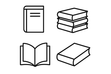 Book icon set vector. Linear outline style books collection. Stack of books, open book, and textbook symbols. Education, library, learning, and knowledge concept design elements.
