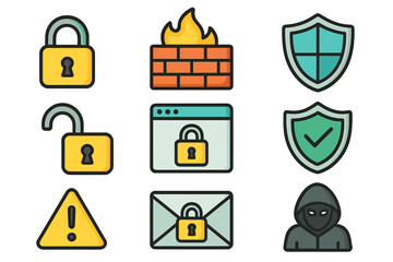 Simple vector web security icons set featuring padlocks, firewall bricks, shields with checkmarks, warning signs, secure emails, browser lock, and hacker hooded figure, cartoon style