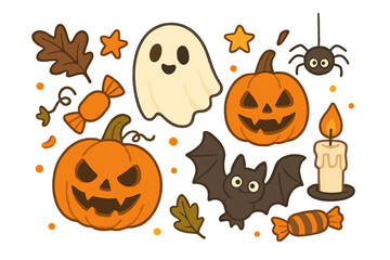 Halloween cute cartoon vector icon set. Spooky autumn collection with pumpkin, ghost, bat, spider, candy. Holiday doodle illustration for party decoration or greeting card.