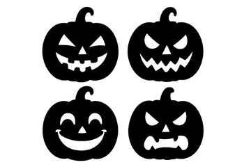Set of black pumpkin silhouettes for Halloween. Jack O Lantern scary, happy and angry face collection. Vector symbol icon for spooky holiday design and autumn decoration.