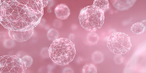Network sphere particles floating in a pink background. Abstract digital data visualization for technology and biology research.