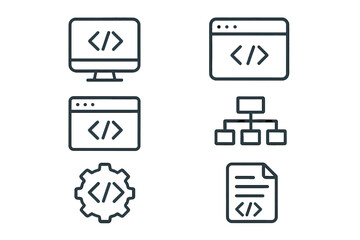 Minimalistic coding and programming icons set with outline style, including computer screen, browser window, gear, sitemap, and code document vector, technology symbols