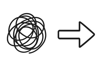 Tangled scribble doodle chaotic line illustration with transparent background and directional arrow icon vector cartoon style set for concept flow and progression