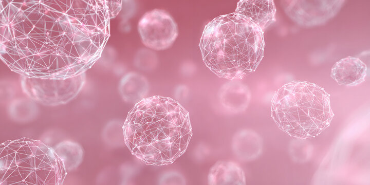 Network sphere particles floating in a pink background. Abstract digital data visualization for technology and biology research.