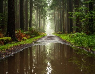 Obraz premium A misty forest road reflects in a tranquil puddle, showcasing the tranquil beauty of nature's quiet depths.
