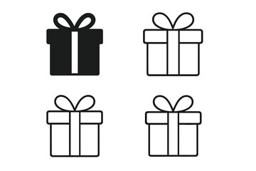 Gift box icon set with present symbols. Christmas box and holiday surprise package. Vector illustration of giftbox in flat and linear outline styles for celebration or birthday.