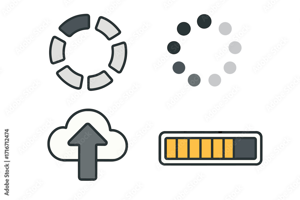 Fototapete vector loading icon set. progress bar, upload cloud, and circular loader symbols. flat cartoon illus