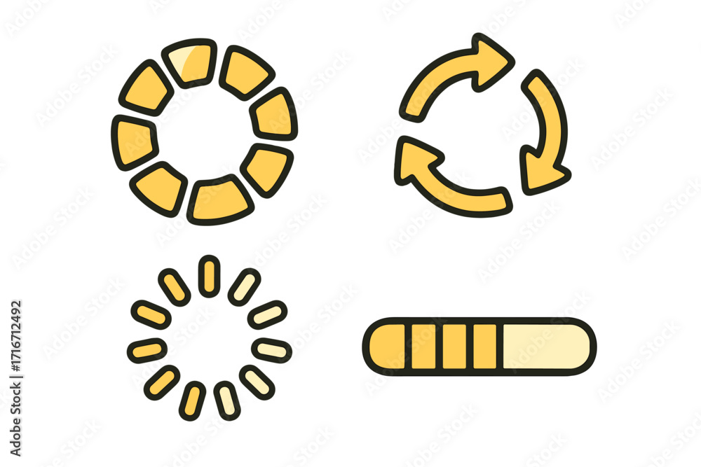 Poster loading icon set. load progress bar and circle loader spinner symbol. vector cartoon illustration fo