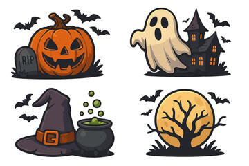 Obraz premium Halloween vector illustration set. Spooky cartoon icons collection for holiday design. Includes jack-o'-lantern pumpkin, ghost, haunted house, witch hat, and cauldron.