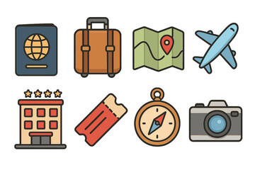 Travel icons set with passport, suitcase, map, airplane, hotel, ticket, compass, camera. Cartoon-style vector illustration with transparent background. Essential travel and vacation symbols.